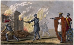 Clotaire (Clothaire) I (497 - 561) queima seu filho Chramne em uma cabana, revolta-se contra ele - Reinado de Clotário. Clotaire queimou em uma cabana seu filho Chramne se rebelou contra ele - Dessine et grave por Ambroise Tardieu em 1825. de Ambroise Tardieu