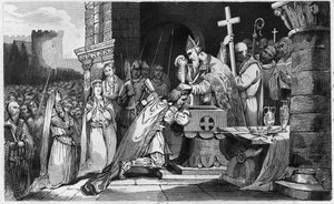 Clóvis I (465-511) Baptizado com homens do seu exército antes da batalha de Tolbiac - Baptismo de Clóvis 1, 25 de Dezembro 496: le roi des Francs (466-511) é baptizado por São Remi (437-533), eveque de Reims, na Igreja de São Martinho - Gravura 1825 em "Hi