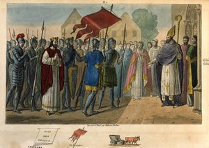 Dagobert 603 a 639 retirando a bandeira em St Denis - Dagobert I (? - 639), Rei dos Francos, Dinastia dos Merovingianos. Ele fundou a abadia de Saint Denis, onde depositou a chama do orifício. Arrasto e sepultura por Ambroise Tardieu, em 1825. de Ambroise Tardieu
