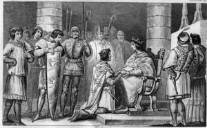 Eduardo III de Inglaterra obriga-nos a prestar homenagem a Filipe VI de Valois, na catedral de Amiens em 1329 - Gravura de 1825 no "Histoire de France representado por pinturas sinópticas dedicadas aos filhos de França e empregado pela sua educação" - de Ambroise Tardieu