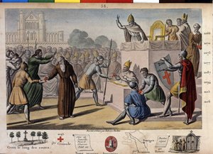 Deus o quer: no Concílio de Clermont (hoje Clermont Ferrand (Clermont-Ferrand), Auvergne), Pedro, o Eremita, prega a primeira cruzada perante o Papa Urbano II