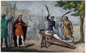 O senhor Bodillon é chicoteado depois de se ter queixado do aumento de impostos de Childeric II (653-73) - Childeric II amarrou a um poste e espancou como um escravo um senhor borgonhês chamado Badillon ou Bodillon, por ter ousado apresentar-lhe o perigo d de Ambroise Tardieu