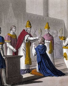 Luís II foi consagrado pela segunda vez no Concílio de Troyes por João VIII em 879 (detalhe de 33595). Desenhado e gravado por Ambroise Tardieu em 1825. de Ambroise Tardieu
