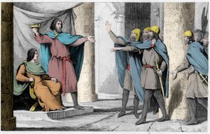 Luís V o Indolente mostra a sua coroa aos seus seguidores em 986 - Luís V le Faineant (c. 967-987), proclamado rei de França pela protecção de Hugues Capet, que se tornou rei de França, em 986 - Gravura de 1825 em "Histoire de France representado por sinop de Ambroise Tardieu