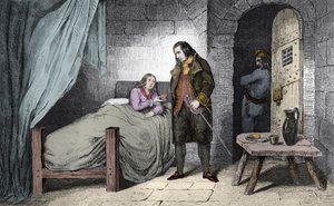 Luís XVII (1785-95) doente e preso - o Delfim de França Luís XVII (1785-1795) doente na prisão do Templo - Gravura de 1825 no "Histoire de France" representado por quadros sinópticos dedicados aos filhos de França e empregado para a sua ed