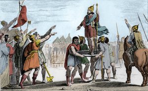 Pharamond I (c370-427), Rei dos Francos. Levantado sobre um escudo pelo seu povo que o elegeu rei - Pharamond, reconhecido pelos franco-salianos e pelos gauleses reunidos num só povo, é levantado sobre um escudo e anda pelo campo em triunfo - Legen