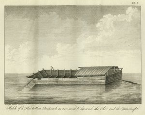 Esboço de um barco de fundo plano, como são usados para descer o Ohio e o Mississippi, publicado em 1826 de Ambroise Tardieu