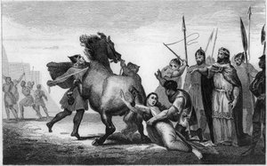 A morte da rainha Brunhilda da Austrália, uma princesa visigótica, casada com o rei Sigebert I da Austrália - tortura por Brunehaut: Brunehaut ou Brunehilde (543-613), prisioneira de Clotaire (Clothaire) II, está presa à cauda de um cavalo ardente em 613 -