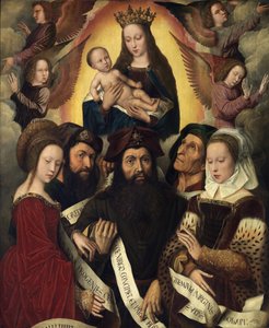 Neerlandês: Maria com a criança rodeada de anjos, profetas e sibilas Deipara Virgo de Ambrosius Benson