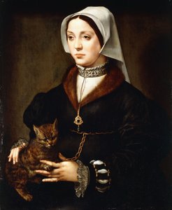 Retrato de uma senhora, três quartos de comprimento, vestindo traje escuro, segurando um gato