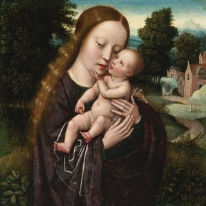 Virgem e Criança - Ambrosius Benson (1495-1550). Óleo sobre madeira. Dimensão : 14,5x14,5 cm. Colecção Particular
