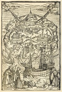 Mapa da Nova Ilha da Utopia de uma edição de 1518 da Utopia por Sir Thomas More (1478-1535), publicado pela primeira vez em 1516. Xilogravura de Ambrosius Holbein (c. 1494-c. 1519) mostrando a ilha com protagonismo