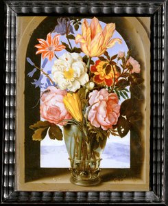 Bouquet de flores num arco de pedra que abre para um ... de Ambrosius II Bosschaert