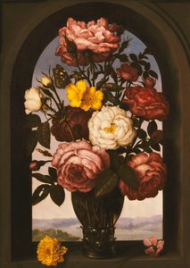 Rosas em um Roemer com um botão de ouro de turbante e um pão de soja em um casement, uma paisagem de rio além, de Ambrosius the Elder Bosschaert