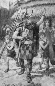 Os habitantes celtas de um vilarejo na Grã-Bretanha se propuseram a expulsar os Teutons invasores (litho)