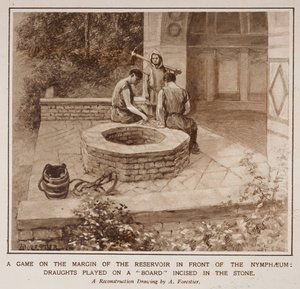 Um jogo na margem do reservatório em frente à Nymphaeum, de um artigo intitulado "A Vida Rural dos Romanos em Inglaterra" no Illustrated London News de Amedee Forestier