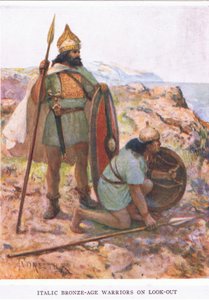 Guerreiros da Idade do Bronze Itálico em alerta, ilustração do 