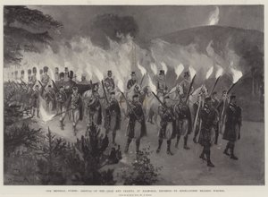 Nossos Convidados Imperiais, Chegada do Czar e Czarina em Balmoral, escoltados por Highlanders com Tochas de Amedee Forestier