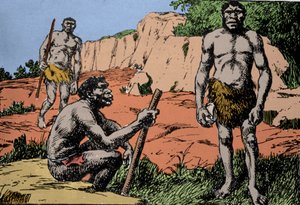 Pré-história: representação do Homo rhodesiensis ou homem de Broken hill, ancestral do Homo sapiens, cujos fósseis foram descobertos na Rodésia (atual Zâmbia na África). Desenho de A. Forestier. DR