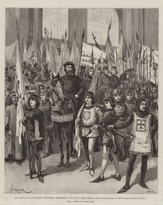 Os Festivais de Florença, a Procissão Histórica, o Conde Verde, encontrando o Gonfaloniere na Piazza della Signoria de Amedee Forestier