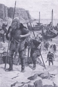 Os Vikings encontram a América, de My Magazine, pub.1922 (litho) de Amedee Forestier