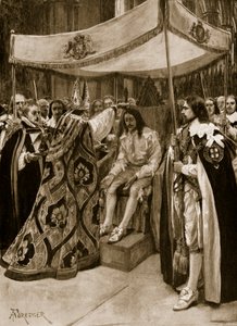 A unção de Carlos I por George Abbot, Arcebispo de Canterbury, na Abadia de Westminster, no Candlemas Day, 1626, de "The Illustrated London News", 1902 de Amedee Forestier