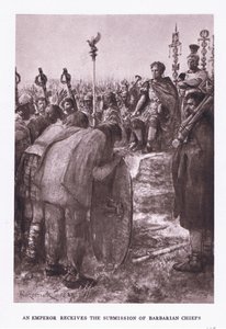 O imperador recebe a submissão de chefes bárbaros, ilustração do soldado romano, 1928