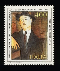 Selo postal da série de arte italiana em homenagem a Amedeo Modigliani (1884-1920), retrato de Paul Guillaume (1916), selo de 400 litros
