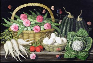 Ovos, favas e rosas na cesta, 1995 de Amelia Kleiser