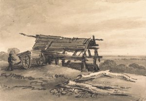 Vista em Harrow: com trabalhador agrícola, carroça e celeiro em ruínas de Amelia Long