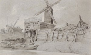 Moinho de vento e pátio do barco, c.1803 (carvão, lápis e lavagem)