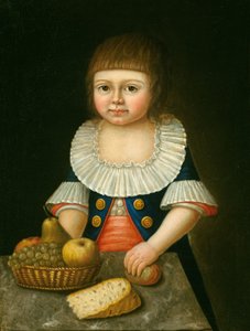 Menino com uma cesta de frutas