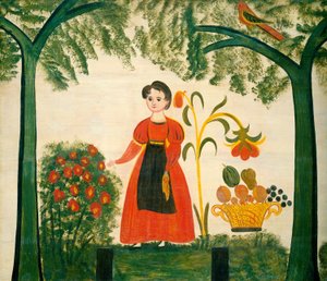 Garota de vermelho com flores e um Distelfink de American 19th Century
