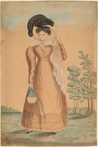 Mulher com chapéu emplumado de American 19th Century