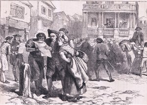 Bostonians lendo o Stamp Act, ilustração de Cassell History of the United States publicada por Cassell, Petter & Galpin, c.1900 (litho)