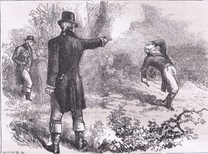 Duelo entre Burr e Hamilton, ilustração de Cassells History of the United States publicada por Cassell, Petter & Galpin, c.1900 (litho)