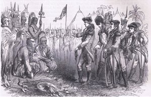 General Burgoyne dirigindo-se aos índios, ilustração de Cassells History of the United States publicada por Cassell, Petter & Galpin, c.1900 (litho)