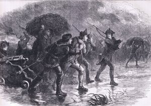 Night Maoeuvres of the Americans at Boston, ilustração de Cassells History of the United States publicada por Cassell, Petter & Galpin, c.1900 (litho)