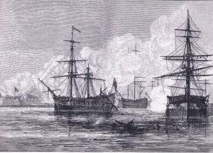 O ataque à Ilha de Sullivan, ilustração de Cassell History of the United States publicada por Cassell, Petter & Galpin, c.1900 (litho)