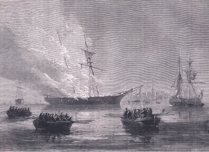 A queima de Gaspe, ilustração de Cassells History of the United States publicada por Cassell, Petter & Galpin, c.1900 (litho)