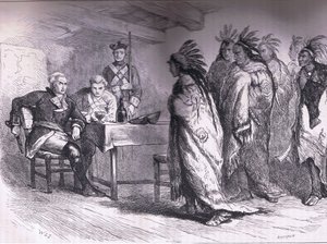 Visita de Pontiac e dos índios ao Major Gladwin 1763, ilustração de Cassell History of the United States publicada por Cassell, Petter & Galpin, c.1900 (litho)
