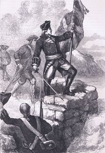 Washington plantando a bandeira britânica em Fort Duquesne, ilustração de Cassells History of the United States publicada por Cassell, Petter & Galpin, c.1900 (litho)