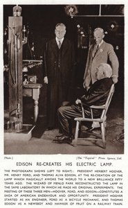 Thomas Edison recria sua luz elétrica para o Presidente Herbert Hoover e Henry Ford (foto a p/b) de American Photographer (after)
