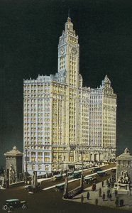 O edifício Wrigley, seção sul e norte, à noite (foto colorida) de American Photographer