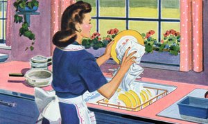 A dona de casa dos anos 40 lava a louça na sua cozinha de sonho de American School