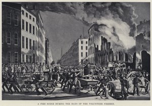 Uma Cena de Fogo durante os Dias dos Bombeiros Voluntários (litho) de American School