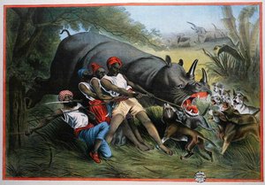 Uma caça ao rinoceronte (chromolitho) de American School