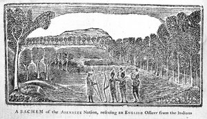 Um Sachem da Nação Abenakee resgatando um oficial inglês, ilustração de Bickerstaffs Boston Almanack, publicou 1768 de American School