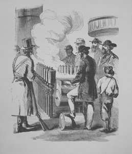 Um calliope a vapor, utilizado em barcos a vapor americanos, c.1870 (gravura) de American School