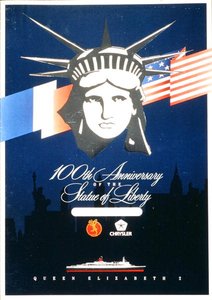 Um desenho de menu comemorativo dos 100 anos da Estátua da Liberdade a bordo do QE2 de American School